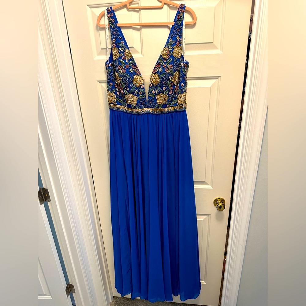 Couture Blue Formal Gown/ Evening Dress with rhinestone detail